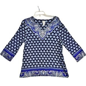 Chicos 1 Blue Paisley Print Tunic Top 3/4 Sleeve V-Neck Women
